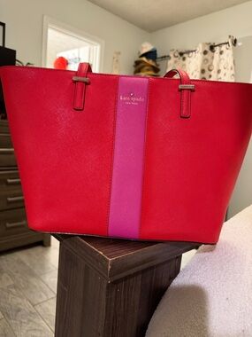 kate spade Red Tote with Pink Center Stripe